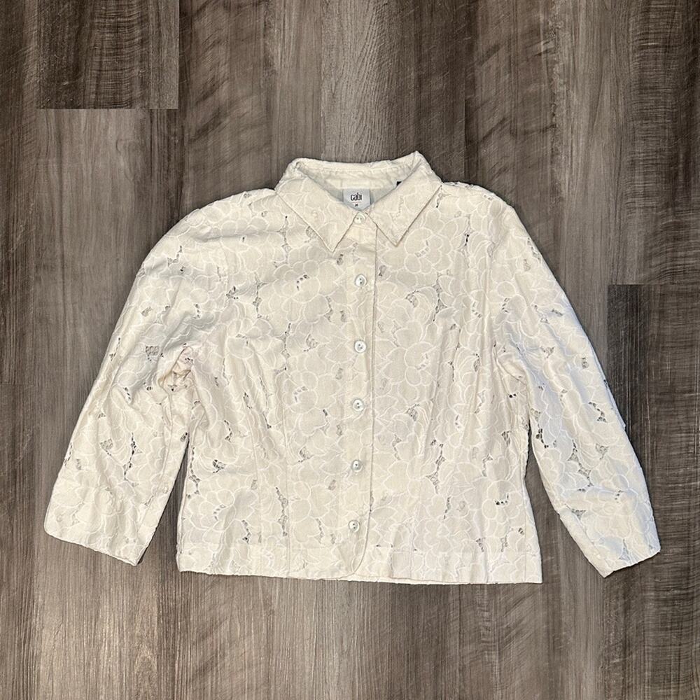 Cabi Portrait Spring Floral Eyelet Full Button Shirt Jacket - Medium